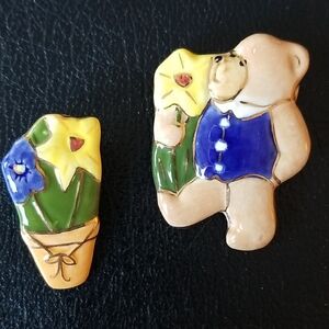 Colorful Ceramic Bear and Flower Brooch Set